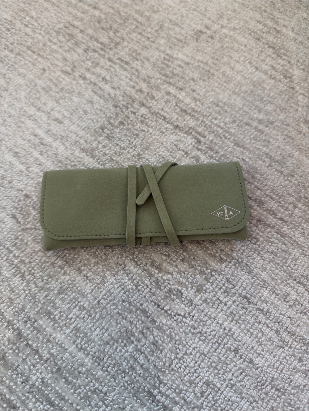 Olive Green Suede Jewelry Roll with Tie Closure cleaning kit